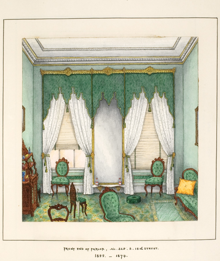 Front end of Parlor, No. 325 S. 18th Street, 1855-1874. Watercolor by G. Albert Lewis in Anne Lewis album, “Memories of the Homes of Grandma Lewis.” 